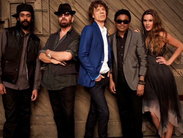 SuperHeavy is (from left): Damian Marley, Dave Stewart, Mr. Jagger, A.R. Rahman and Joss Stone.