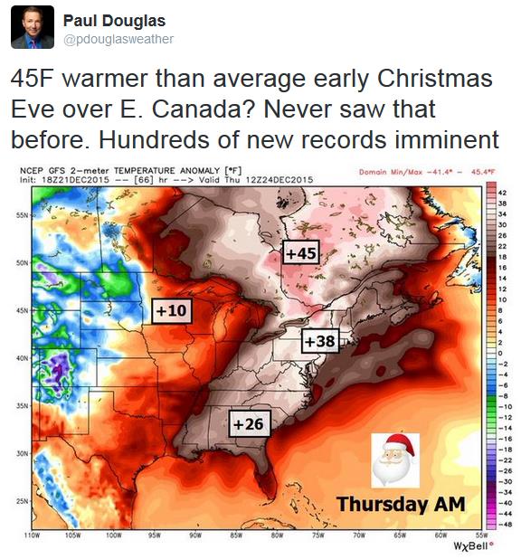 Another Brown Christmas for MSP – 45F Warmer Than Average Eastern Canada!